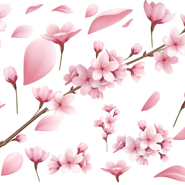 Realistic Beautiful Sakura Branches and Flowers Petals Set -  Sakura Clipart, Sakura Branches SVG, Pink Sakura svg, Sakura, Cherry Blossom