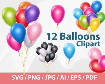 Balloons Clipart - party clip art balloons in single and bunches, realistic flying balloons, decoration balloons, birthdays balloons svg