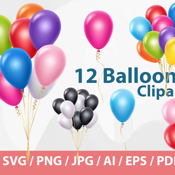 Balloons Clipart - party clip art balloons in single and bunches, realistic flying balloons, decoration balloons, birthdays balloons svg