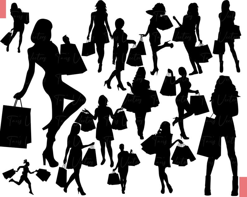 May include: Silhouettes of women carrying shopping bags. The women are all wearing different outfits and have different hairstyles. The bags are all different shapes and sizes.