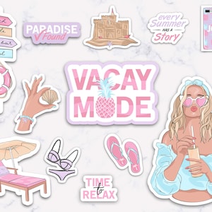 May include: A set of pink and white stickers with a summer vacation theme. The stickers feature a beach scene, a pineapple, a sandcastle, a woman with sunglasses, a phone case, a life preserver, a pair of flip flops, a beach chair, a bikini, and text that says "VACAY MODE", "Every Summer Has A Story", "Paradise Found", "Time to Relax", and "JOY".