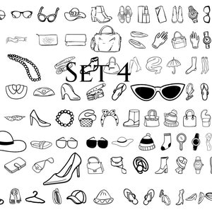 Op de afbeelding: Een zwart-witte lijntekeningsset met verschillende modeaccessoires, waaronder hoeden, zonnebrillen, schoenen, tassen, sieraden en kleding. De set is gelabeld met "SET 4".
