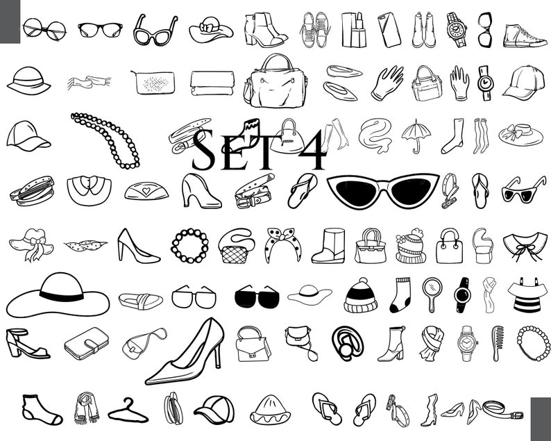Op de afbeelding: Een zwart-witte lijntekeningsset met verschillende modeaccessoires, waaronder hoeden, zonnebrillen, schoenen, tassen, sieraden en kleding. De set is gelabeld met "SET 4".