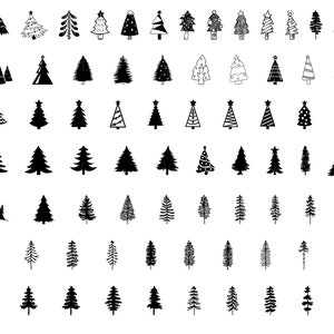 May include: A collection of 64 black and white Christmas tree illustrations. The trees are drawn in a variety of styles, including simple, whimsical, and detailed.