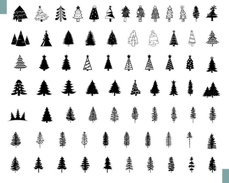 May include: A collection of 64 black and white Christmas tree illustrations. The trees are drawn in a variety of styles, including simple, whimsical, and detailed.