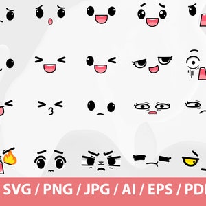 Set of Cute Face Expressions - Kawaii Faces Svg Bundle, Cuttable File ...