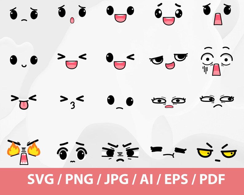 Set of Cute Face Expressions - Kawaii Faces Svg Bundle, Cuttable File ...