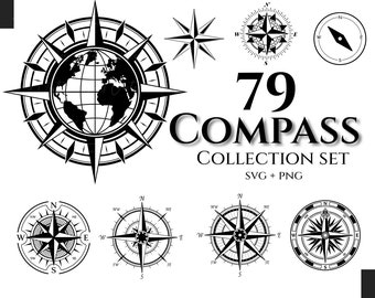 Conjunto de coleção de bússola - Bússola SVG, Bússola náutica, Clipart de bússola, Silhueta de bússola, Bússola vintage, Bússola de aventura, Tatuagem de bússola