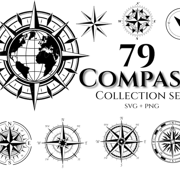 Kompass-Sammlungsset - Kompass SVG, nautischer Kompass, Kompass Clipart, Kompass-Silhouette, Vintage-Kompass, Abenteuer-Kompass, Kompass-Tattoo