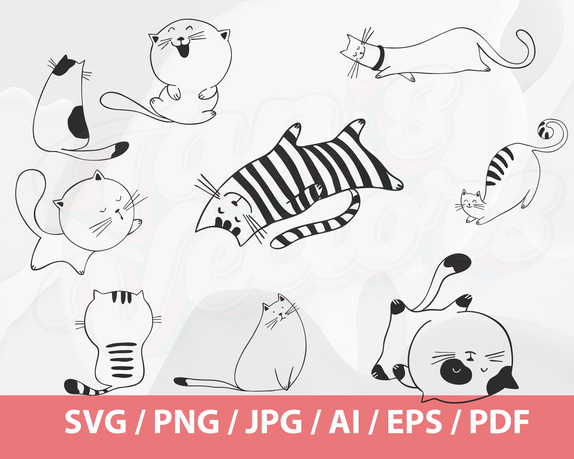 Cats Clip Art, Doodles Pet, Hand Drawn Vector, Kitty Clip Art, Black ...