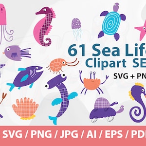 Ocean Sea Life Clipart SET - Sea Animals Download, Ocean Life Clipart, sea animals clip art, crab, fish, octopus, turtle, ocean, marine life