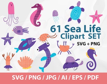 Ocean Sea Life Clipart SET - Zeedieren Downloaden, Ocean Life Clipart, zeedieren clip art, krab, vis, octopus, schildpad, oceaan, zeeleven