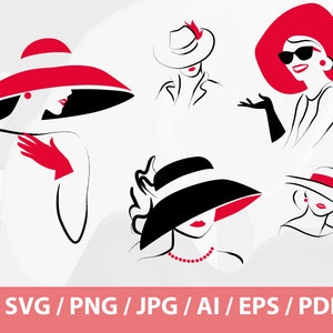 Lady Beauty - Woman with hat svg,  Women face png,, Woman in red,  Woman lips svg, Lady in Hat SVG, Women&#39;s face svg, Lady wearing hat svg