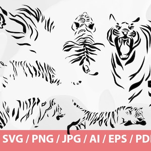 May include: Five black and white stylized illustrations of tigers in various poses. The tigers are depicted in a simple, minimalist style, with bold lines and sharp angles.