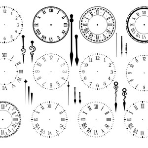 May include: A set of ten black and white clock faces with Roman numeral markings. The clock faces are various sizes and styles, with some featuring a decorative border. The clock faces are isolated on a white background.