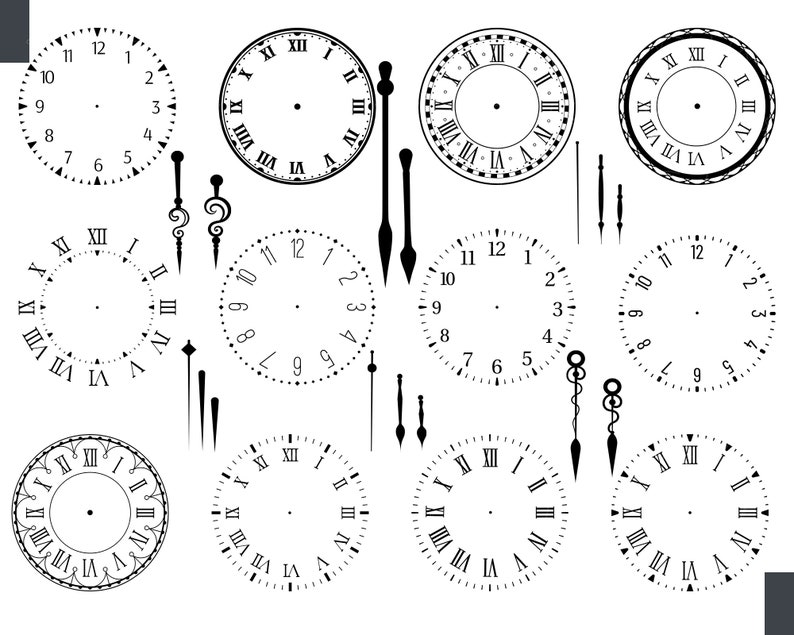 May include: A set of ten black and white clock faces with Roman numeral markings. The clock faces are various sizes and styles, with some featuring a decorative border. The clock faces are isolated on a white background.