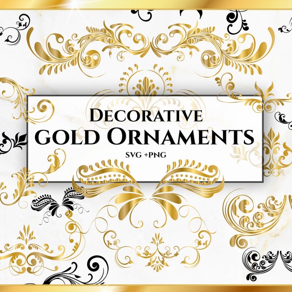 Gold Decorative Ornament SVG - vintage ornament svg, Swirls Svg, Decorative Ornaments Svg, wedding ornament svg, Leaves Svg, gold elements