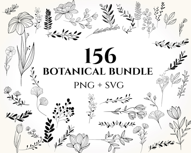 May include: A black and white illustration set of 156 botanical elements, including flowers, leaves, branches, and stems. The set is labeled "156 Botanical Bundle PNG + SVG".