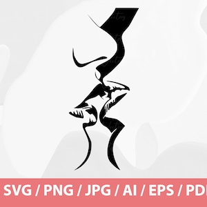 May include: Black and white line art illustration of two faces in a kiss. The image is a side profile of two sets of lips and noses. The bottom of the image has the text "SVG / PNG / JPG / AI / EPS / PDF".