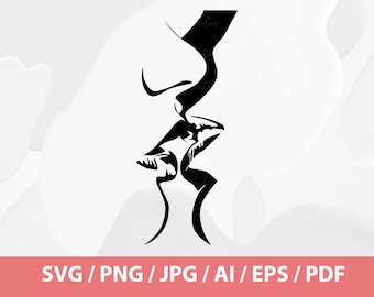 May include: Black and white line art illustration of two faces in a kiss. The image is a side profile of two sets of lips and noses. The bottom of the image has the text "SVG / PNG / JPG / AI / EPS / PDF".