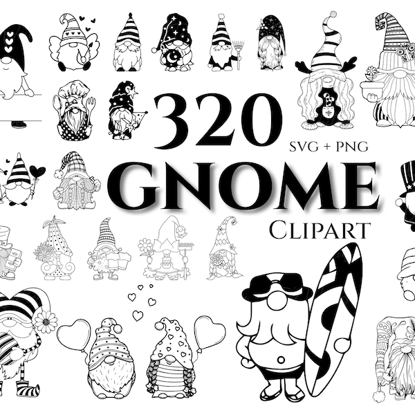 Gnome Clipart - 320 Gnome Svg, Gnome Png, Gnomes vg, Outlined Gnome, Gnome Silhouette, Gnome Design, Christmas Gnomes, Female Gnome svg,