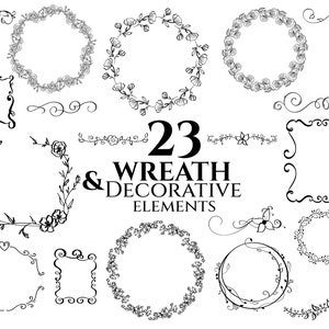 Puede incluir: Un conjunto de 23 elementos de corona y decorativos en blanco y negro. Los elementos están dibujados a mano y presentan diseños florales y de enredaderas.