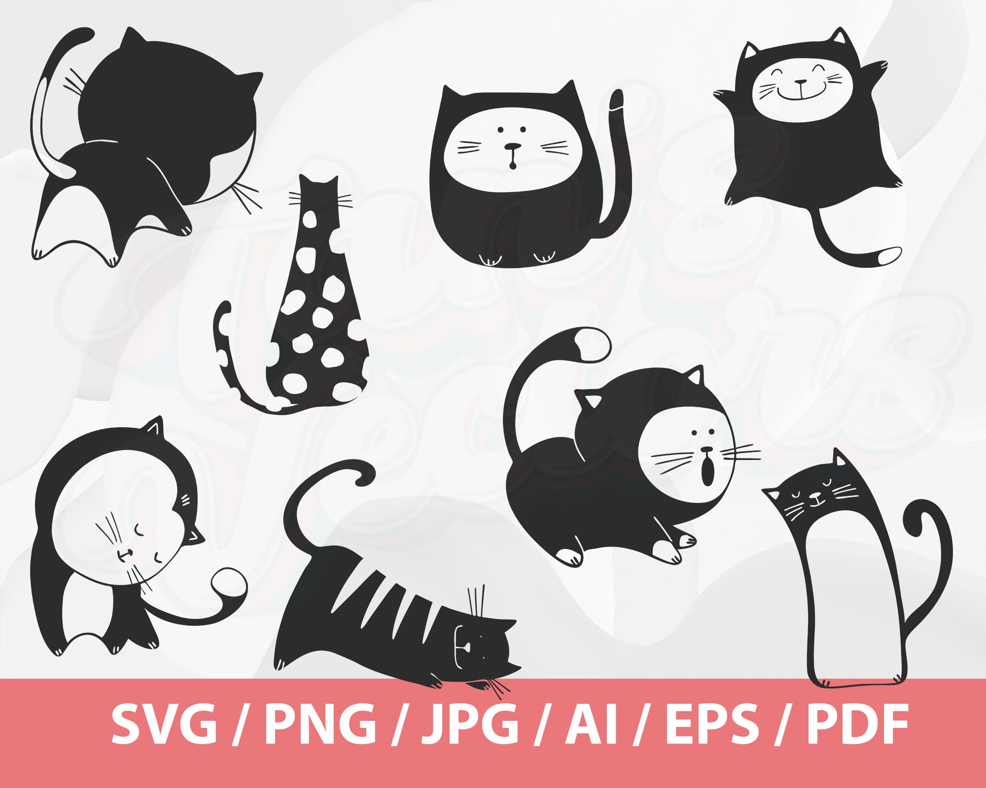Cats Clip Art, Doodles Pet, Hand Drawn Vector, Kitty Clip Art, Black ...