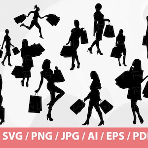 May include: Silhouettes of people shopping with bags in their hands. The image is black and white and has a simple design.