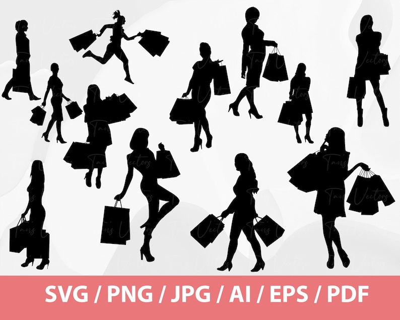 May include: Silhouettes of people shopping with bags in their hands. The image is black and white and has a simple design.