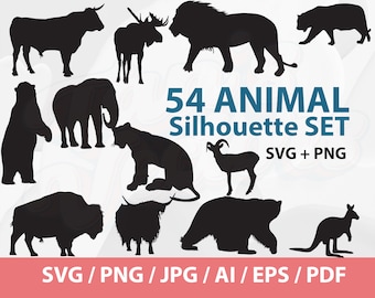 54 Animal Silhouettes Set - Elephant silhouette svg, Lion svg, bear svg, Lama svg, kangaroo svg, deer svg, rhino svg, giraffe svg, Tiger svg