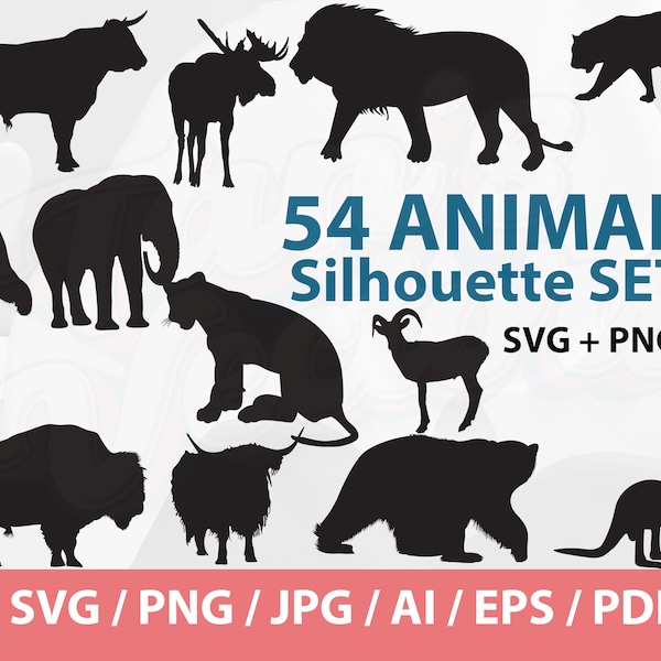 54 Animal Silhouettes Set - Elephant silhouette svg, Lion svg, bear svg, Lama svg, kangaroo svg, deer svg, rhino svg, giraffe svg, Tiger svg