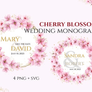 Peut inclure: Deux monogrammes de mariage avec des fleurs de cerisier en couronne et des accents dorés. Le premier motif dit "Mary & David" avec la date "July 10, 2023". Le deuxième motif dit "Sandra & Robert" avec la date "May 18, 2023".