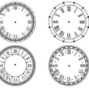 May include: Four black and white clock faces with Roman numeral markings. Each clock face has a different design around the outer edge.