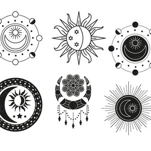 May include: Six black and white illustrations of the sun and moon in various styles. The sun and moon are depicted in a circle, with rays, with a mandala, and with a crescent moon.