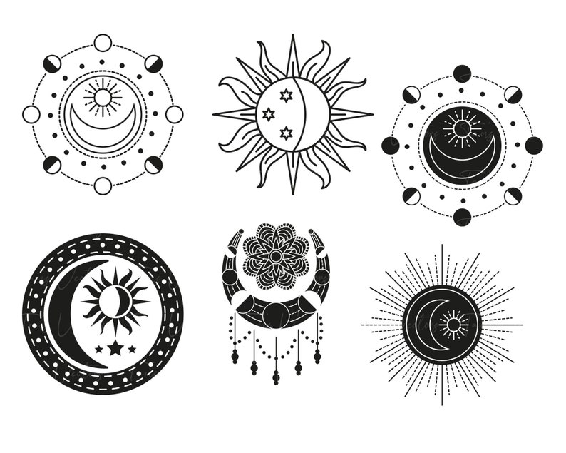 May include: Six black and white illustrations of the sun and moon in various styles. The sun and moon are depicted in a circle, with rays, with a mandala, and with a crescent moon.