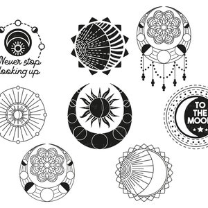 May include: A set of nine black and white illustrations featuring celestial and moon designs. The illustrations include a sun and moon, a crescent moon with a mandala, a sun with rays, a crescent moon with a sun, a sun and moon with a mandala, a crescent moon with a sun and a mandala, a crescent moon with a sun and a mandala, a crescent moon with a sun and a mandala, and a crescent moon with a sun and a mandala. The text "To the Moon" is included in one of the illustrations.