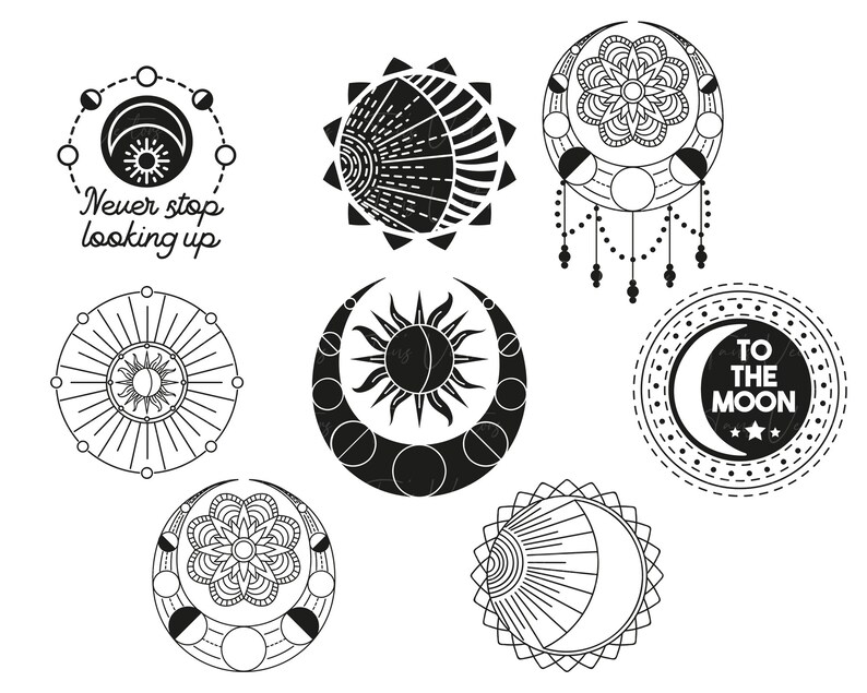 May include: A set of nine black and white illustrations featuring celestial and moon designs. The illustrations include a sun and moon, a crescent moon with a mandala, a sun with rays, a crescent moon with a sun, a sun and moon with a mandala, a crescent moon with a sun and a mandala, a crescent moon with a sun and a mandala, a crescent moon with a sun and a mandala, and a crescent moon with a sun and a mandala. The text "To the Moon" is included in one of the illustrations.