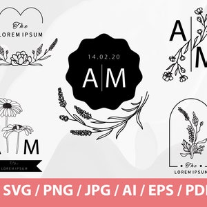 May include: A set of black and white wedding logo designs featuring the initials "AM" and floral elements. The logos include a heart, a circle, a rectangle, and a floral arch. The text "The Lorem Ipsum" is included in some of the designs.