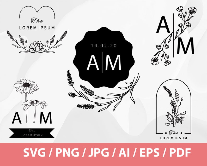 May include: A set of black and white wedding logo designs featuring the initials "AM" and floral elements. The logos include a heart, a circle, a rectangle, and a floral arch. The text "The Lorem Ipsum" is included in some of the designs.