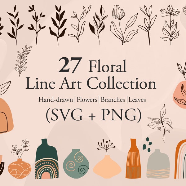 27 Floral Line Art Collection - Floral Line Art Clipart, Flower Doodle, Botanical line art, Flower Clipart,  Flower in Vase,  Decor Flower