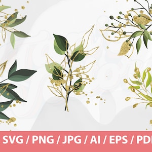 Puede incluir: Cuatro diseños florales diferentes con detalles de purpurina dorada sobre un fondo blanco. Los diseños presentan hojas y ramas verdes con detalles de purpurina dorada.