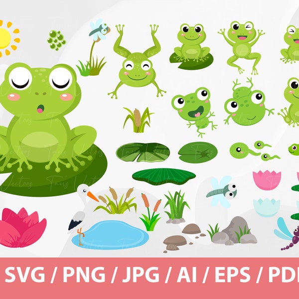 Baby Frosch Clipart SET - Frosch, süßer grüner Frosch SVG, Lilypads, Frosch, süßer Frosch Clip Art, Libellen, Baby Frosch svg, Frosch auf Lotusblatt sitzend