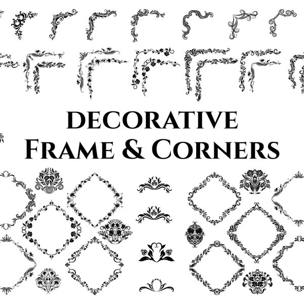 Decorative Frame and Corner SVG - Frame Svg, Floral Frame, Corners Clipart, Ornamental corner, Damask svg, antique frame, wedding png,corner