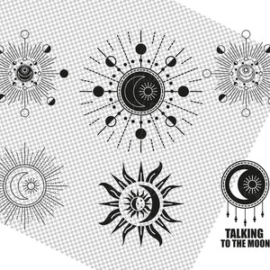May include: Black and white illustrations of the sun and moon in various phases. The illustrations are surrounded by rays of light and have a celestial theme. The text "Talking to the Moon" is at the bottom of the image.