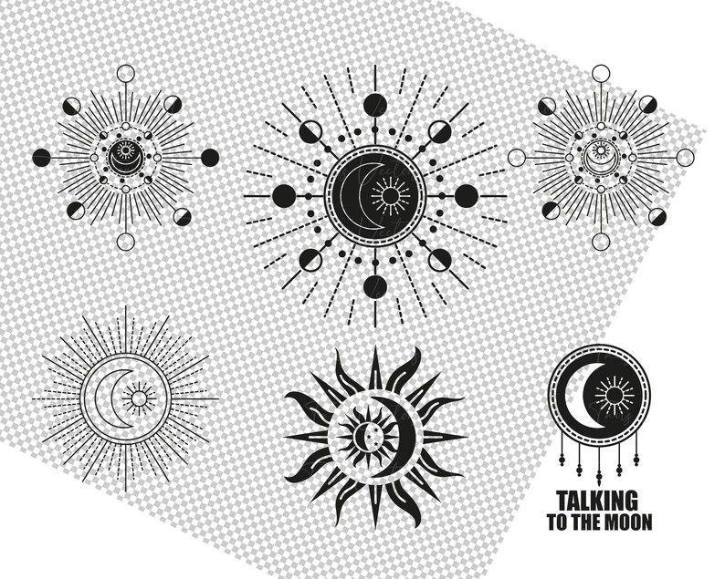 May include: Black and white illustrations of the sun and moon in various phases. The illustrations are surrounded by rays of light and have a celestial theme. The text "Talking to the Moon" is at the bottom of the image.