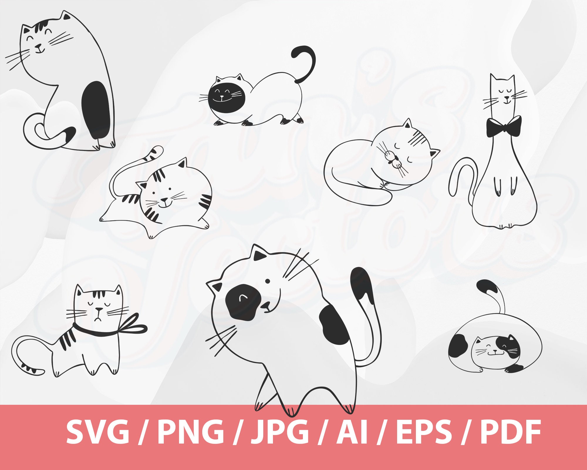 Cats Clip Art, Doodles Pet, Hand Drawn Vector, Kitty Clip Art, Black ...