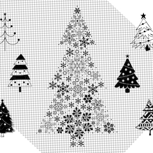 May include: A collection of black and white Christmas tree illustrations. The trees are decorated with snowflakes, stars, and ornaments.