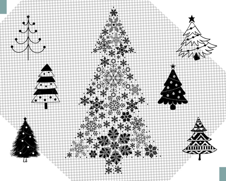 May include: A collection of black and white Christmas tree illustrations. The trees are decorated with snowflakes, stars, and ornaments.