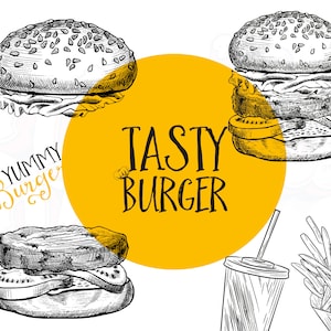 Fast Food Collection Bundle - Hamburguesa svg, Papas fritas png, menú de comida, bebida png, menú de restaurante, comida rápida, garabato SVG, menú Doodle, png