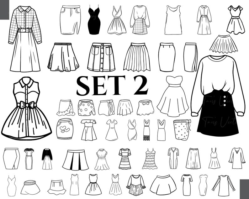 Op de afbeelding: Een set van 50 zwart-witte lijntekeningen van verschillende rok- en jurkdesigns. De ontwerpen omvatten een verscheidenheid aan stijlen, zoals A-lijn, potlood en maxi-rokken, evenals jurken met verschillende halslijnen en mouwen. De tekeningen zijn gelabeld met "SET 2".